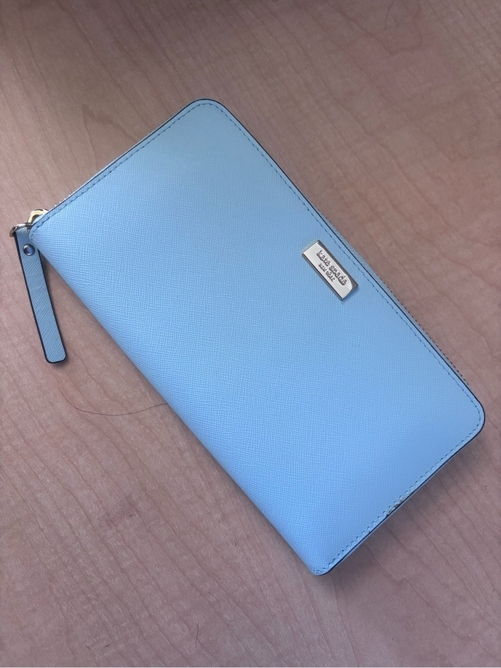 Kate Spade New York Light Blue Zip-Around Leather Wallet (8” x 4”)